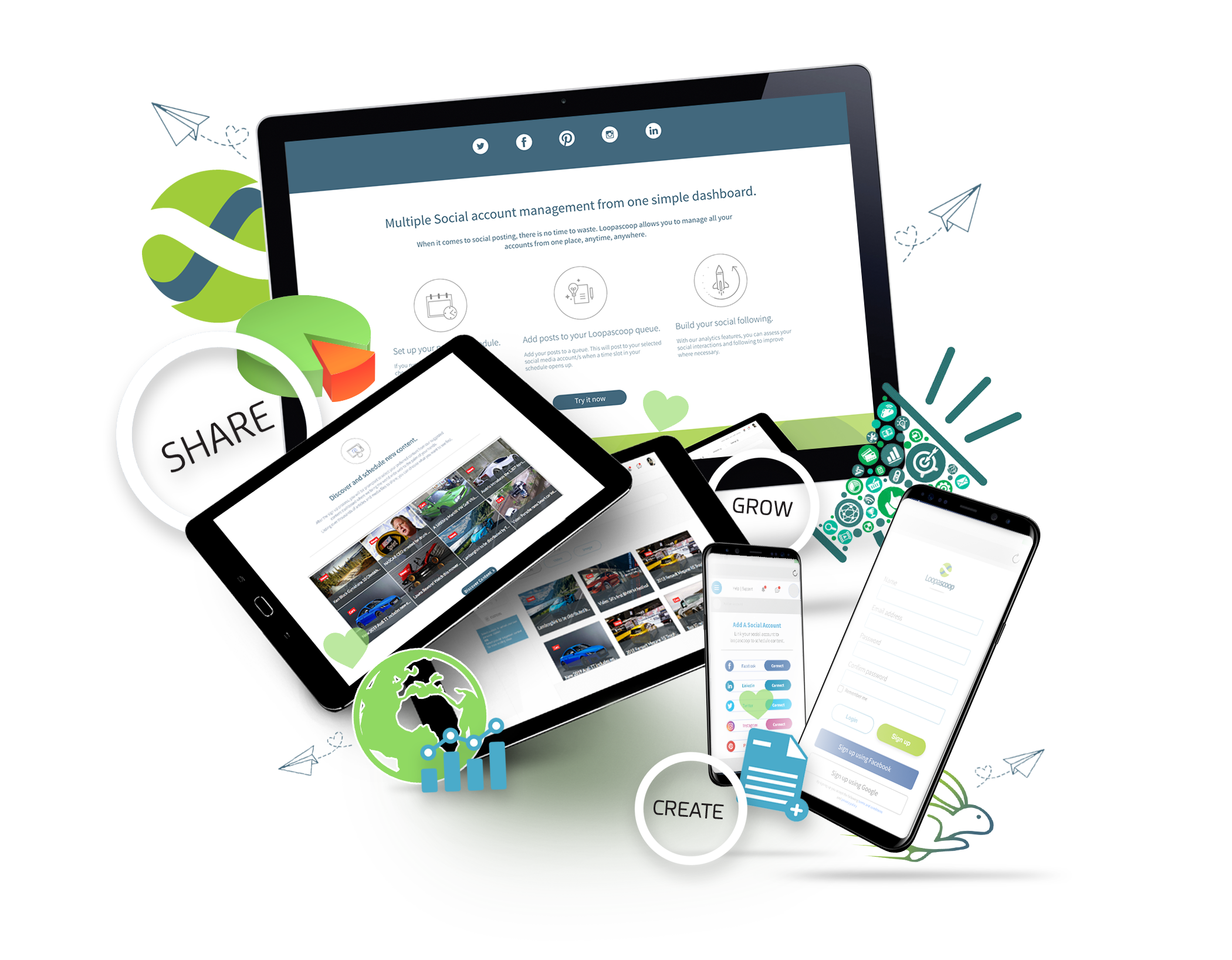 Manage, share, create and grow your online performance with our Loopascoop Social Media Scheduler