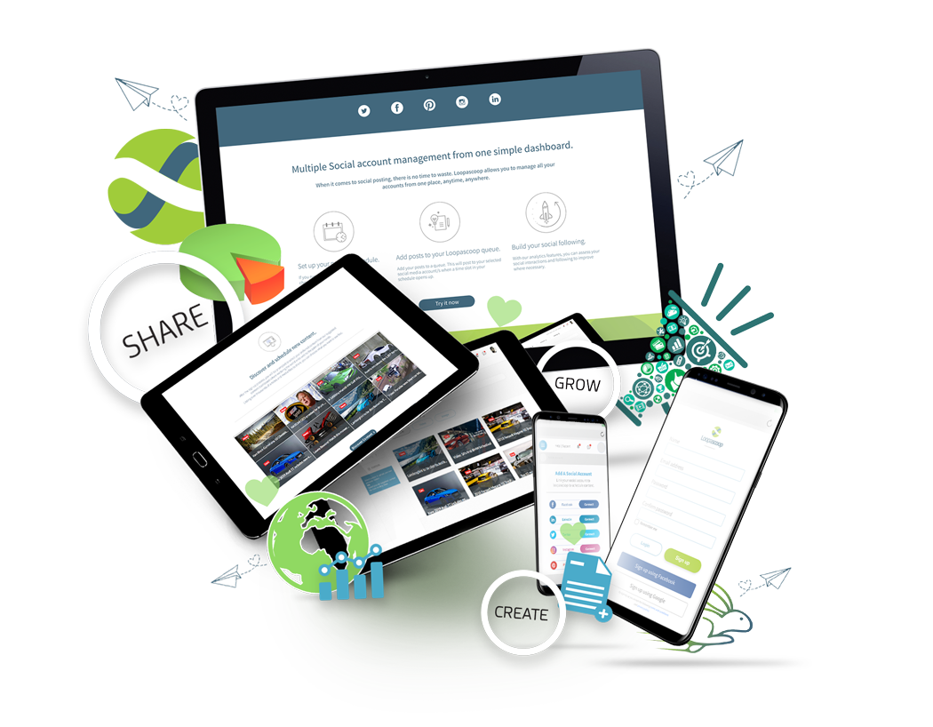 Manage, share, create and grow your social and online performance with our Loopascoop social media scheduler